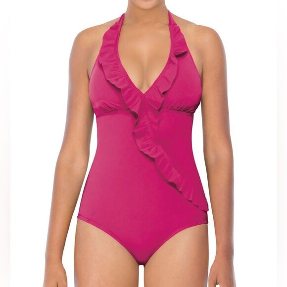 SPANX Love Your Assets by Sara Blakely Pink One Piece Swimsuit Halter Ruffle - Picture 1 of 10